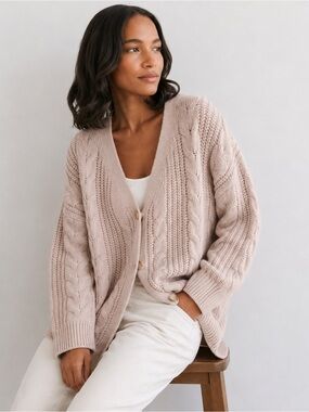 Jenni Kayne Cable Cocoon Cardigan XS Alpaca Merino Wool Oversized Sweater Blush